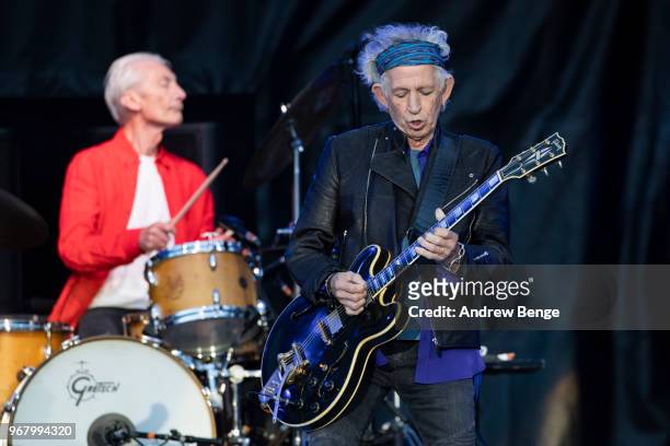 Keith Richards of The Rolling Stones performs live on stage at Old Trafford on June 5, 2018 in Manchester, England.