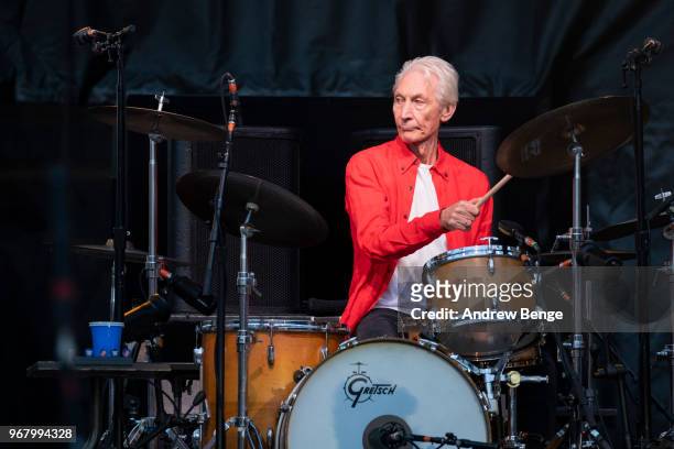 Charlie Watts of The Rolling Stones performs live on stage at Old Trafford on June 5, 2018 in Manchester, England.