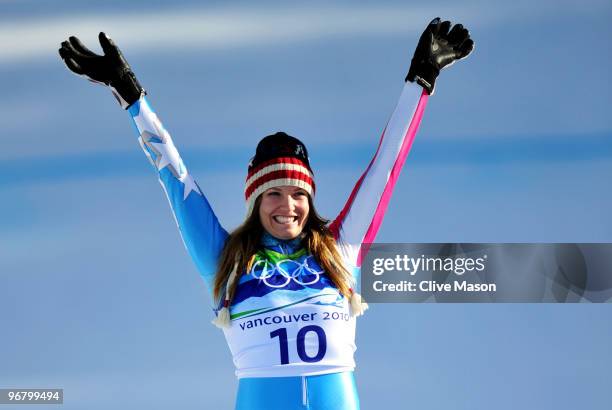 Julia Mancuso of the United States celebrates winning the silver medal during the flower ceremony for the Alpine Skiing Ladies Downhill on day 6 of...