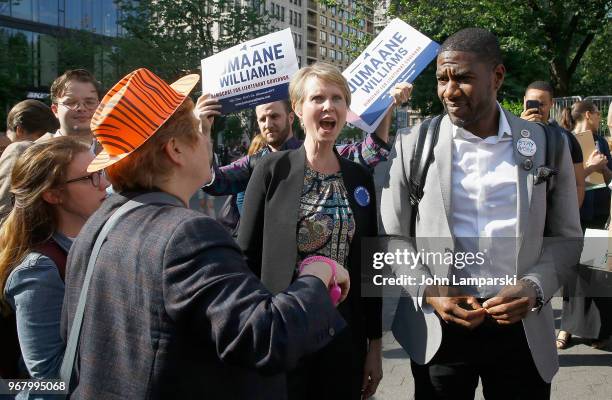 Christine Marinoni, Cynthia Nixon and Jumaane Williams pause during the petitioning parade for New York State Governor at Union Square Park on June...