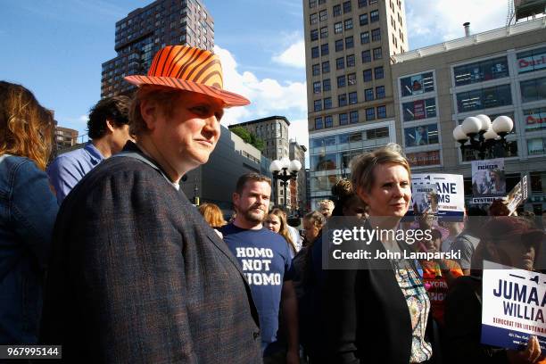 Christine Marinoni and Cynthia Nixon greet New Yorkers during the petitioning parade for New York State Governor at Union Square Park on June 5, 2018...