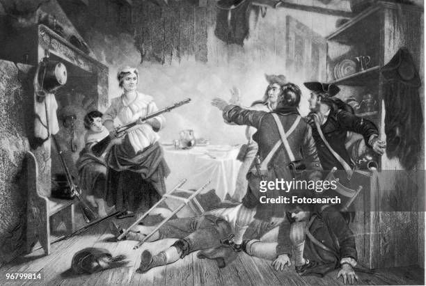 Illustration of Nancy Hart with a musket pointed at Tories who invaded her cabin, circa 1760s. .