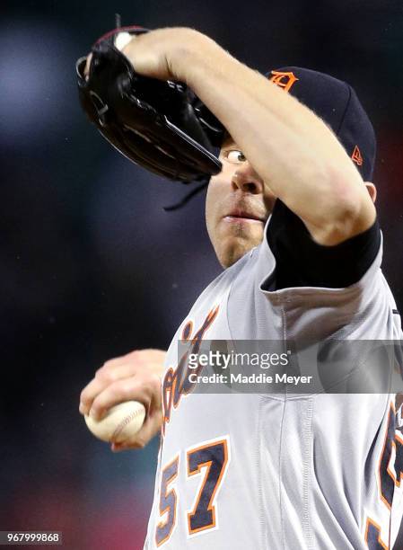 Artie Lewicki of the Detroit Tigers pitches against the Boston Red Sox during the first inning at Fenway Park on June 5, 2018 in Boston,...