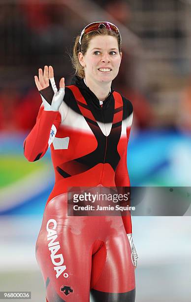 Christine Nesbitt of Canada looks on after she competes in the women's speed skating 500 m on day five of the Vancouver 2010 Winter Olympics at...