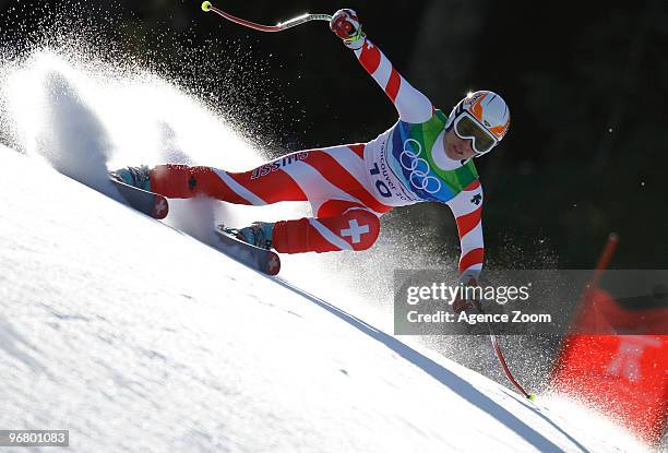 Fabienne Suter of Switzerland during the Women's Alpine Skiing Downhill on Day 6 of the 2010 Vancouver Winter Olympic Games on February 17, 2010 in...