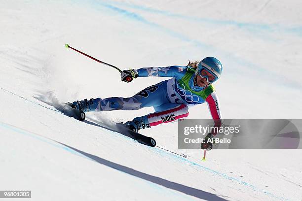 Julia Mancuso of the United States competes during the Alpine Skiing Ladies Downhill on day 6 of the Vancouver 2010 Winter Olympics at Whistler...
