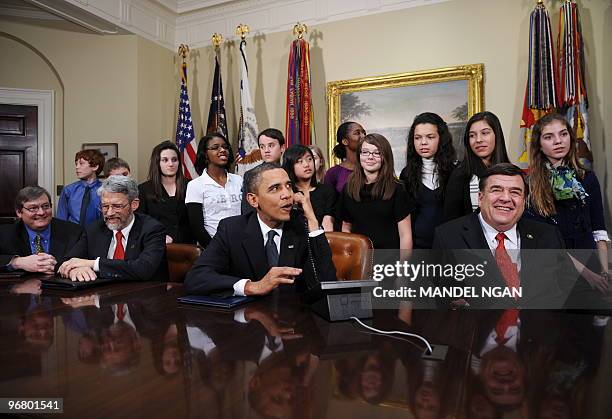 President Barack Obama speaks during a call to congratulate the astronauts on the International Space Station and the Space Shuttle Endeavour on...