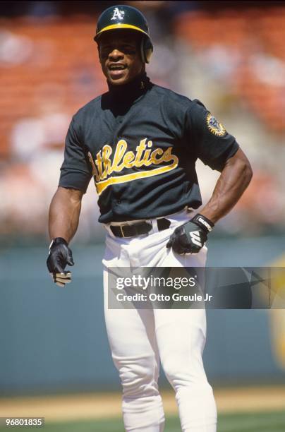Rickey Henderson of the Oakland Athletics looks on during their MLB game against the Minnesota Twins on April 17, 1994 at Oakland-Alameda County...