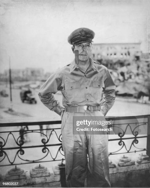 Portrait of Douglas MacArthur with pipe, circa 1940s. .