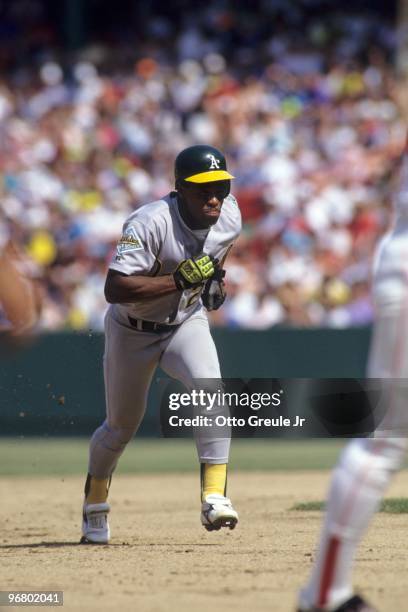 Rickey Henderson of the Oakland Athletics runs the bases during their MLB game against the Boston Red Sox at Oakland-Alameda County Coliseum on May...