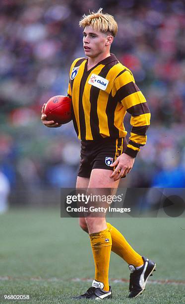 Shane Crawford of the Hawks looks ahead during a round 12 AFL match between St Kilda Saints and Hawthorn Hawks, 1993 in Melbourne, Australia.