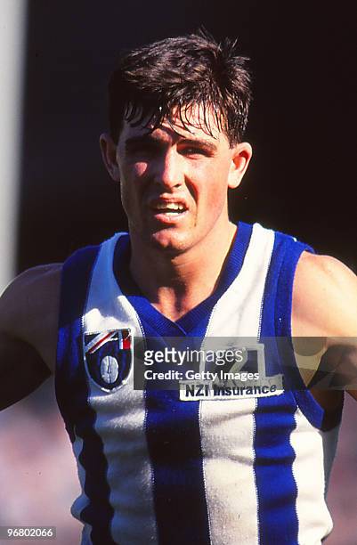 Anthony Stevens of the Kangaroos looks on during the round 22 AFL match between North Melbourne Kangaroos and Footscray Bulldogs, 1993 in Melbourne,...