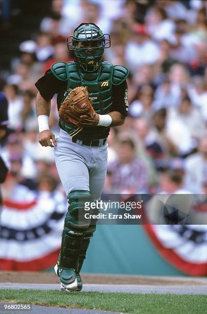 Ramon Hernandez of the Oakland Athletics looks on during an MLB game against the Boston Red Sox at Fenway Park on April 15, 2000 in Boston,...