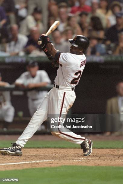 Barry Bonds bats during the 69th MLB All-Star Game at Coors Field on July 7, 1998 in Denver, Colorado.