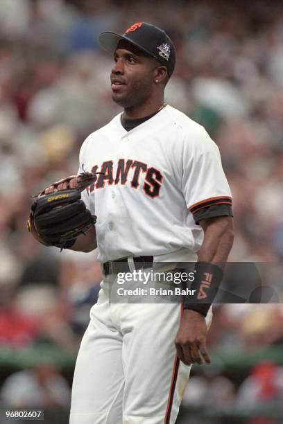 Barry Bonds looks on during the 69th MLB All-Star Game at Coors Field on July 7, 1998 in Denver, Colorado.