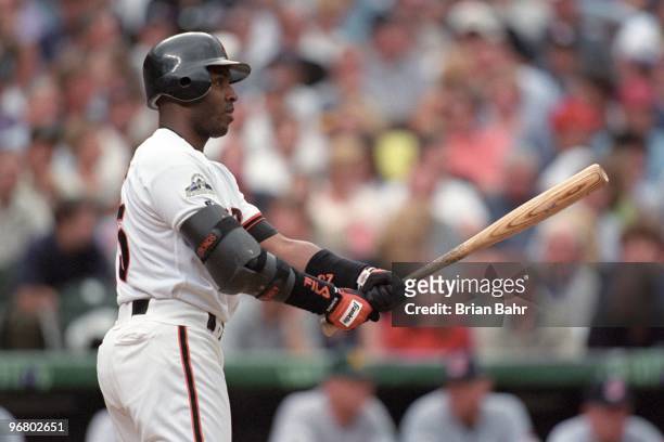 Barry Bonds bats during the 69th MLB All-Star Game at Coors Field on July 7, 1998 in Denver, Colorado.