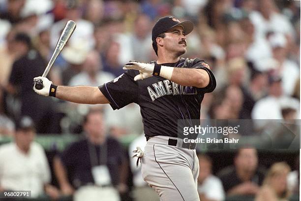 Rafael Palmeiro participates in the Home Run Derby prior to the 69th MLB All-Star Game at Coors Field on July 6, 1998 in Denver, Colorado.