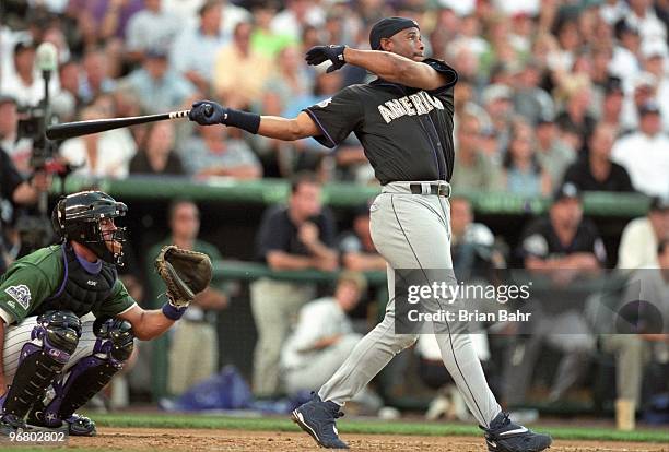 Ken Griffey Jr. Participates in the Home Run Derby prior to the 69th MLB All-Star Game at Coors Field on July 6, 1998 in Denver, Colorado.