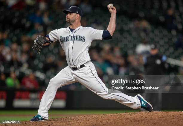 Reliever Marc Rzepczynski of the Seattle Mariners delivers a pitch during a game against the Texas Rangers at Safeco Field on May 29, 2018 in...