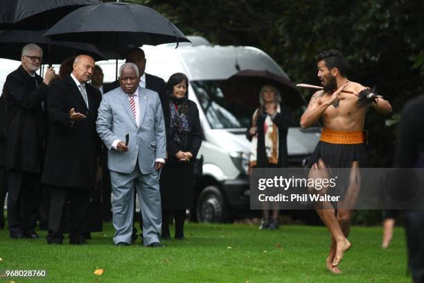 Solomon Islands Prime Minister Rick Houenipwela is given a traditional maori powhiri welcome at Government House on June 6, 2018 in Auckland, New...