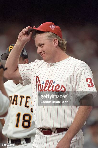 Curt Schilling tips his cap during player introductions before the 69th MLB All-Star Game at Coors Field on July 7, 1998 in Denver, Colorado.