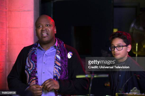 Kimmy and the Beest!" Episode 405 -- Pictured: Tituss Burgess as Titus Andromedon, Gregory Diaz IV as Quentin --