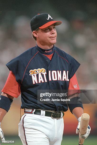 Chipper Jones participates in the 2000 MLB All-Star Game Home Run Derby at Turner Field on July 10, 2000 in Atlanta, Georgia.