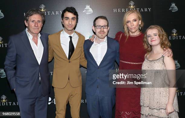 Actors Gabriel Byrne, Alex Wolff; director Ari Aster, actresses Toni Collette and Milly Shapiro attend the screening of "Hereditary" hosted by A24 at...
