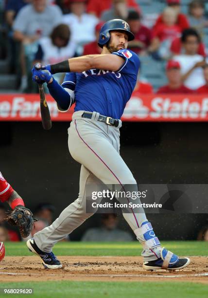 Texas Rangers left fielder Joey Gallo during an at bat in the second inning of a game against the Los Angeles Angels of Anaheim played on June 2,...