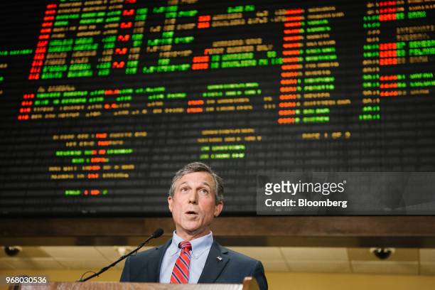 John Carney, governor of Delaware, speaks during the launch of full-scale sports betting at Dover Downs Hotel and Casino in Dover, Delaware, U.S., on...