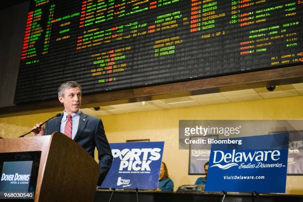 John Carney, governor of Delaware, speaks during the launch of full-scale sports betting at Dover Downs Hotel and Casino in Dover, Delaware, U.S., on...