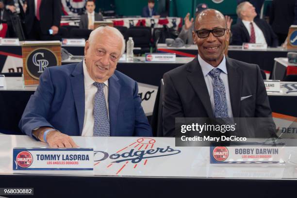 Los Angeles Dodgers team reps HOF Tommy Lasorda and Bobby Darwin during the 2018 Major League Baseball Draft at Studio 42 at the MLB Network on...