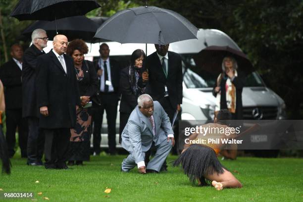 Solomon Islands Prime Minister Rick Houenipwela is given a traditional maori powhiri welcome at Government House on June 6, 2018 in Auckland, New...