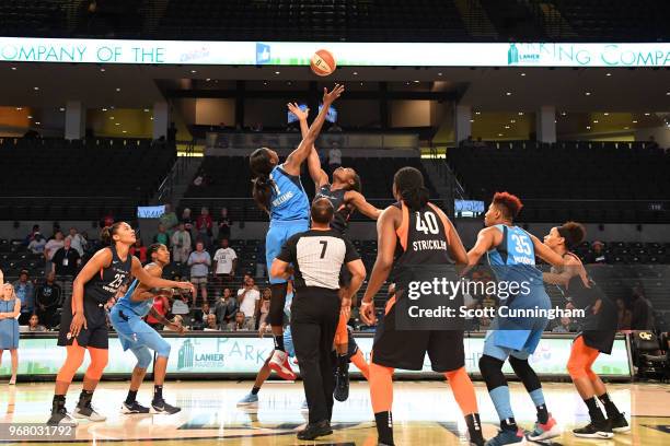 The Connecticut Sun and the Atlanta Dream tip-off on June 5, 2018 at Hank McCamish Pavilion in Atlanta, Georgia. NOTE TO USER: User expressly...