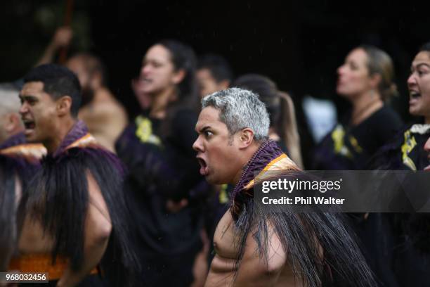 Solomon Islands Prime Minister Rick Houenipwela is given a traditional maori powhiri welcome at Government House on June 6, 2018 in Auckland, New...