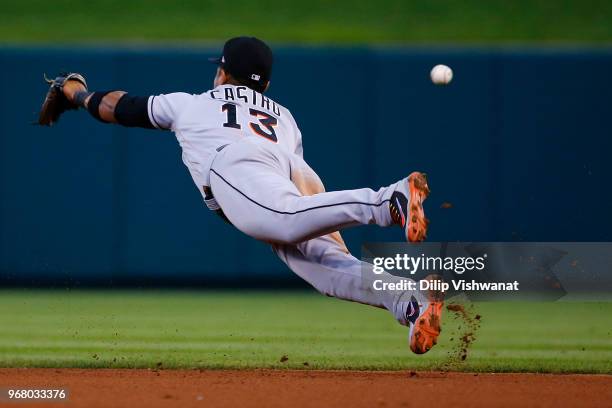 Starlin Castro of the Miami Marlins attempts to catch a line drive against the St. Louis Cardinals in the third inning at Busch Stadium on JUNE 5,...