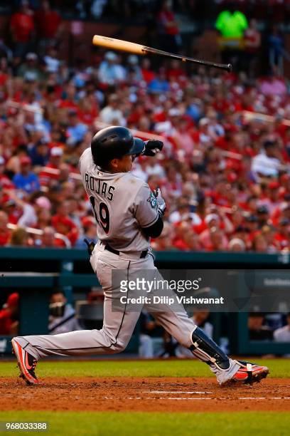 Miguel Rojas of the Miami Marlins looses his bat while swinging at a pitch against the St. Louis Cardinals in the third inning at Busch Stadium on...
