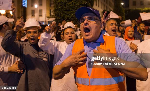 Employees of the company Centrale Danone, a subsidiary of French multinational Danone, protest in front the parliament in Rabat on June 5 against the...