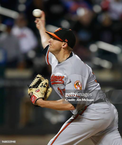 Brad Brach of the Baltimore Orioles pitches in the ninth inning against the New York Mets at Citi Field on June 5, 2018 in the Flushing neighborhood...