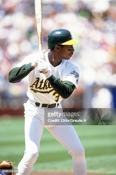 Willie Randolph of the Oakland Athletics stands ready at bat during a 1990 season game at Oakland-Alameda County Coliseum in Oakland, California.