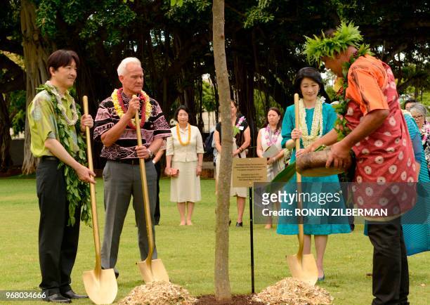 Japanese Prince Akishino , Honolulu Mayor Kirk Caldwell and Princess Kiko plants a tree at Thomas Square Park in Honolulu, HI, Tuesday, June 5 during...