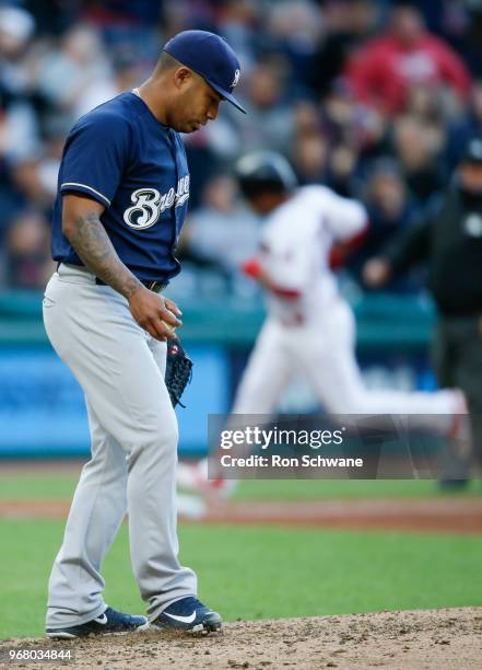 Starting pitcher Junior Guerra of the Milwaukee Brewers reacts after giving up a solo home run to Jose Ramirez of the Cleveland Indians during the...