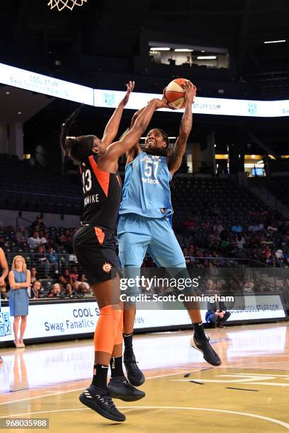 Jessica Breland of the Atlanta Dream shoots the ball against the Connecticut Sun on June 5, 2018 at Hank McCamish Pavilion in Atlanta, Georgia. NOTE...
