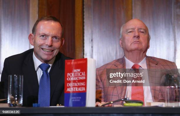 Tony Abbott and Alan Jones look on during the launch of Kevin Donnelly's book 'How Political Correctness is Destroying Australia' on June 6, 2018 in...