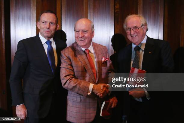 Tony Abbott, Alan Jones and Kevin Donnelly pose during the launch of Kevin Donnelly's book 'How Political Correctness is Destroying Australia' on...