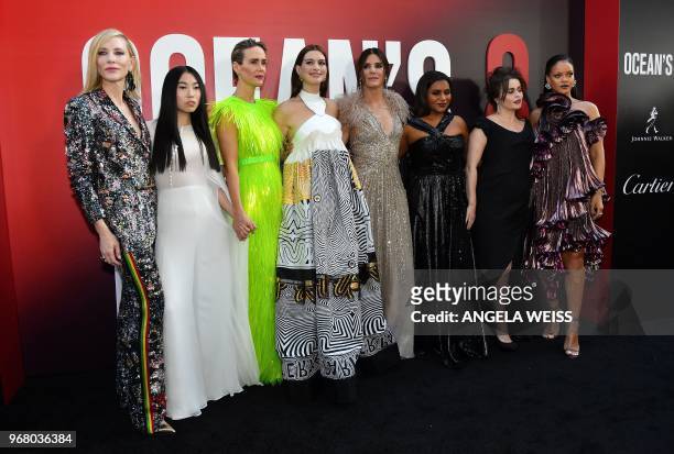 Members of the cast Australian actress Cate Blanchett, rapper/actress Awkwafina, US actresses Sarah Paulson, Anne Hathaway, Sandra Bullock, Mindy...
