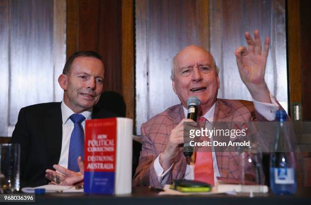 Tony Abbott looks on as Alan Jones makes a point at the launch of Kevin Donnelly's book 'How Political Correctness is Destroying Australia' on June...