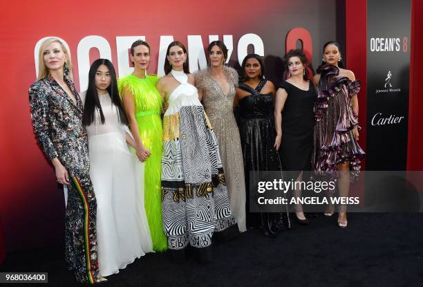 Members of the cast Australian actress Cate Blanchett, rapper/actress Awkwafina, US actresses Sarah Paulson, Anne Hathaway, Sandra Bullock, Mindy...