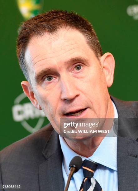 Cricket Australia chief James Sutherland speaks during a press conference in Melbourne on June 6 where he announced he will stand down in the wake of...