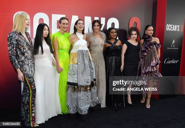 Members of the cast Australian actress Cate Blanchett, rapper/actress Awkwafina, US actresses Sarah Paulson, Anne Hathaway, Sandra Bullock, Mindy...
